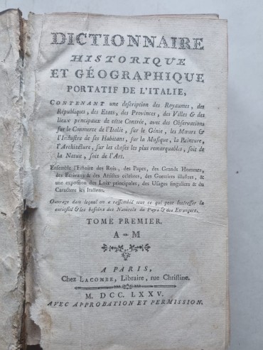 DICTIONNAIRE HISTÓRIQUE ET GÉOGRAPHIQUE PORTATIF DE L `ITALIE