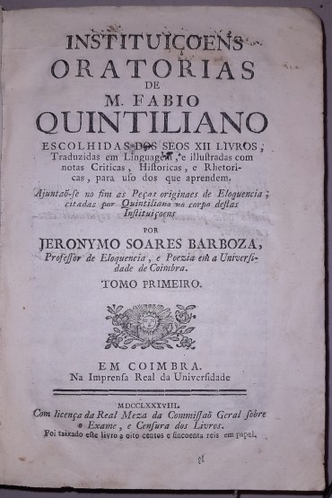 Instituições Oratorias de M. Fabio Quintiliano (Tomo I)